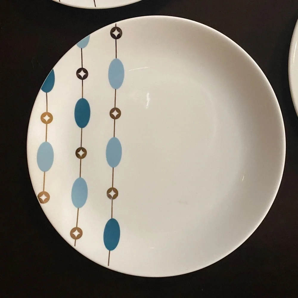 Pier 1 White Salad Plates with Blue &Green Accents. Beaded Garland. Set of 4.